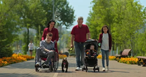 Disabled guy is being driven by his mother in a wheelchair, a family walk Stock Footage