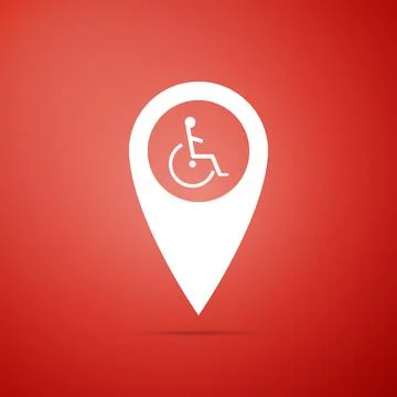 Disabled Handicap in map pointer icon isolated on red background. Invalid s.. Stock Illustration