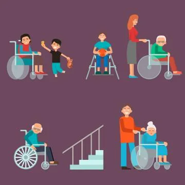 Disabled handicapped diverse people vector wheelchair invalid person help Ilustración de archivo