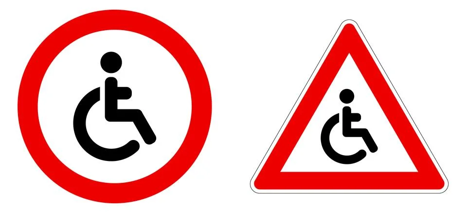 Disabled icon in red circle and triangle - careful, wheelchair warning or n.. 스톡 일러스트