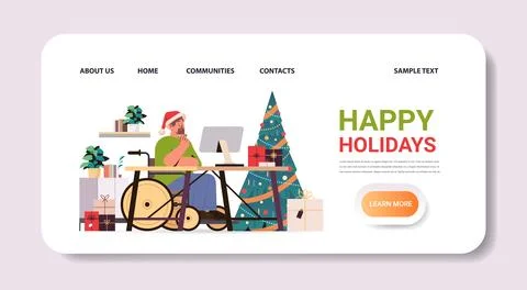 Disabled man article editor wearing santa claus festive hat sitting in Stock Illustration