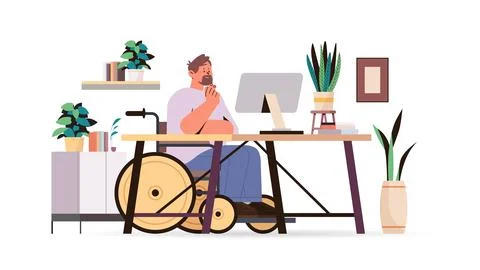 Disabled man article editor in wheelchair guy working on computer people with Stock Illustration