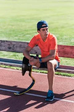 Disabled man athlete taking a break. Stock Photos