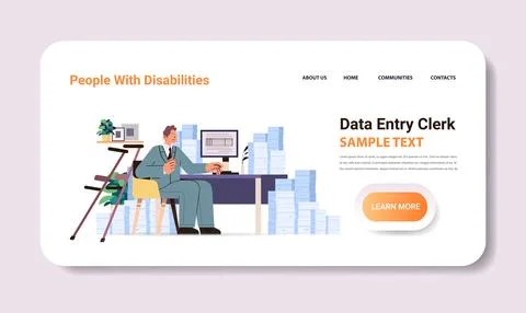 Disabled man data entry clerk working with database on computer people with Stock Illustration