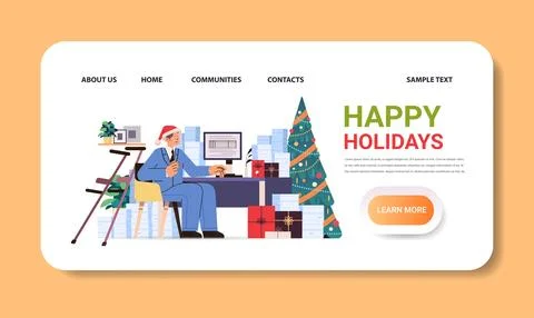 Disabled man data entry clerk in festive santa claus hat working with database Stock Illustration