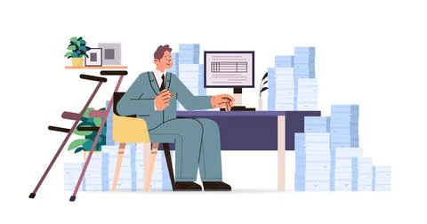 Disabled man data entry clerk working with database on computer people with Stock Illustration