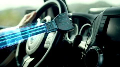 Disabled man driver with artificial prosthetic hand driving car. Robot hand Stock-Footage 336266029