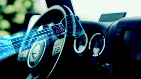 Disabled man driver with artificial prosthetic hand driving car. Robot hand Stock-Footage 336266142