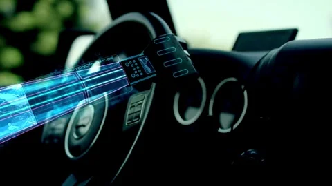 Disabled man driver with artificial prosthetic hand driving car. Robot hand Stock-Footage 336266152
