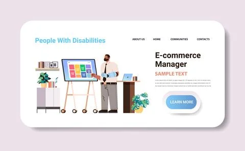 Disabled man e-commerce manager with replaced robotic arm analyzing data on 库存插图