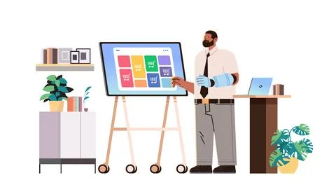 Disabled man e-commerce manager with replaced robotic arm analyzing data on Stock Illustration