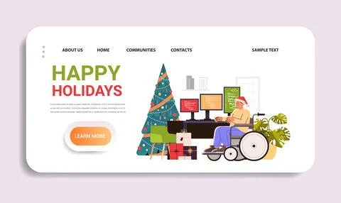 Disabled man programmer wearing santa claus hat sitting in wheelchair at 库存插图