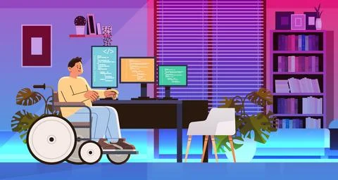 Disabled man programmer in wheelchair sitting at workplace software development Stock Illustration