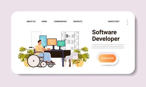 Disabled man programmer in wheelchair sitting at workplace software development Stock Illustration
