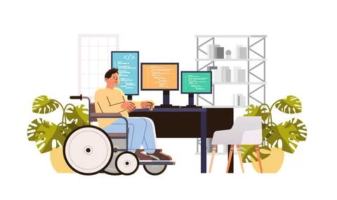 Disabled man programmer in wheelchair sitting at workplace software development Stock Illustration