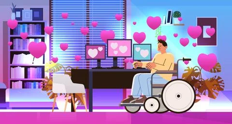 Disabled man programmer in wheelchair sitting at workplace software development Stock Illustration