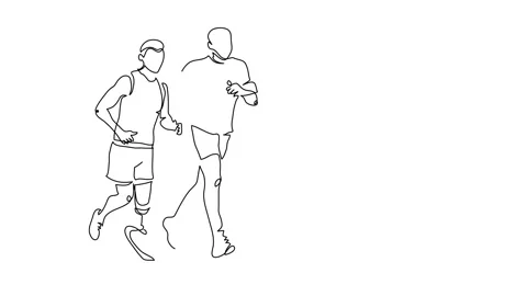 Disabled man runs on prosthesis with his friend, simple animation. One Stock Footage 300949866