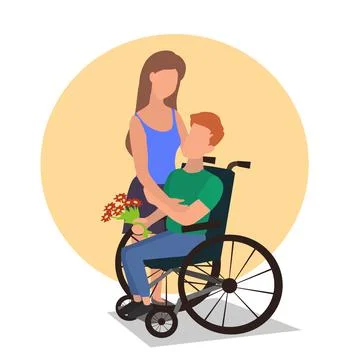 The disabled man sitting in a wheelchair by his wife Stock Illustration