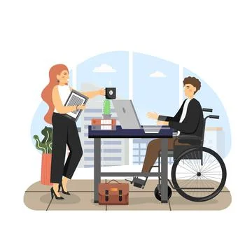 Disabled man using wheelchair working on laptop computer in office, flat vector Stock Illustration