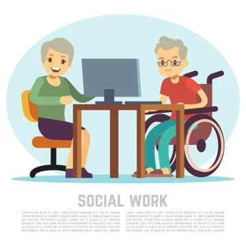 Disabled man in wheelchair learns computer Stock Illustration