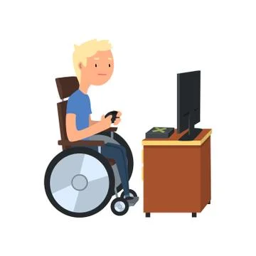Disabled man in wheelchair playing computer game, rehabilitation of disabled Stock Illustration