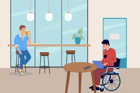 Disabled man working in cafe. Freelance job. Guy sitting in wheelchair. Person Stock Illustration