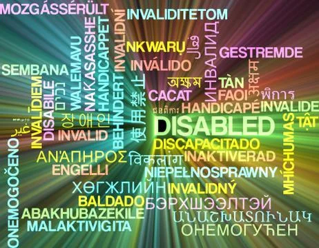 Disabled multilanguage wordcloud background concept glowing Illustrazione stock