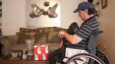 DISABLED-PARAPLEGIC AND PRESENT: old man with dog in wheelchair Stock Footage 45440290