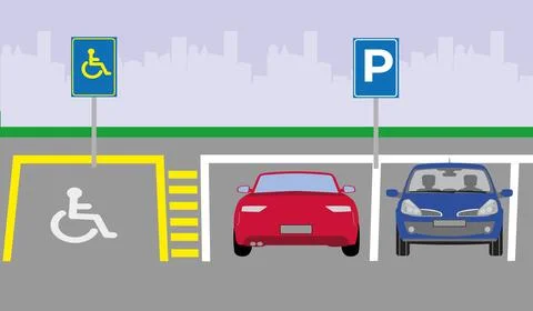 Disabled parking area. Front and back view of parked cars. 스톡 일러스트