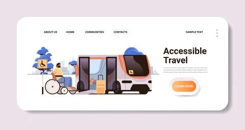 Disabled passenger getting on bus with help of ramp people in wheelchair in Stock Illustration