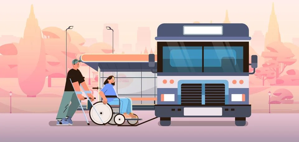 Disabled passengers getting on bus with help of ramp people in wheelchair in Stock Illustration