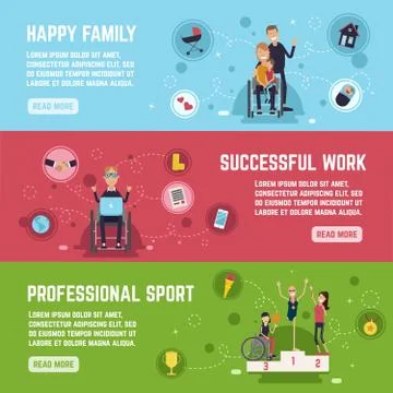 Disabled People Banners Set 스톡 일러스트
