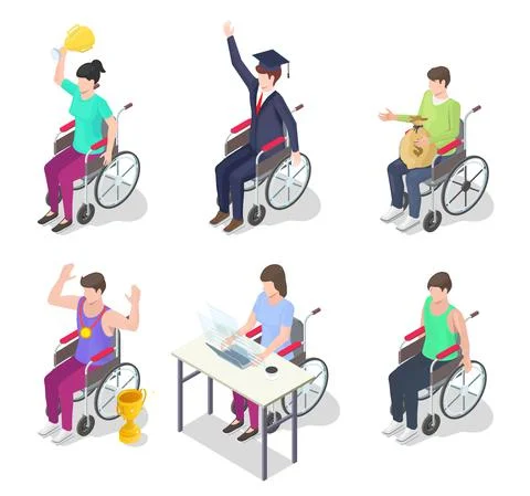 Disabled people set, vector isometric illustration. Athlete, student graduate Stock Illustration