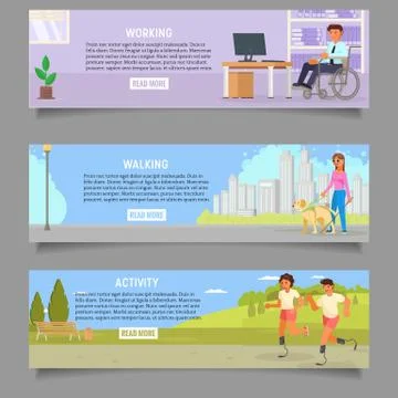 Disabled people vector web banner template set Stock Illustration