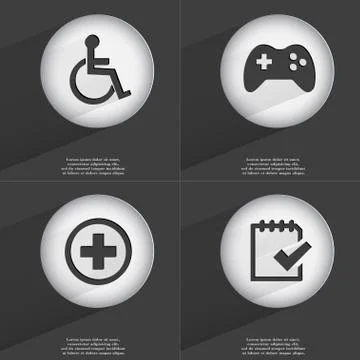 Disabled person, Gamepad, Plus, Task completed icon sign. Set of buttons with a Illustrazione stock