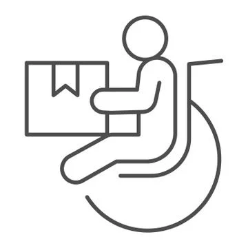 Disabled person with parcel box thin line icon, delivery service symbol, human Stock Illustration