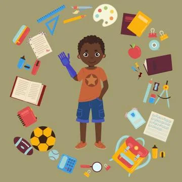 Disabled schoolboy with arm prothesis and school supplies Stock Illustration