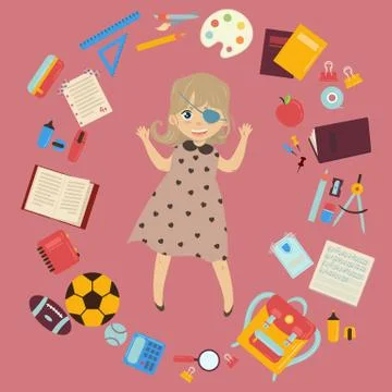 Disabled schoolgirl with eye patch and school supplies Stock Illustration