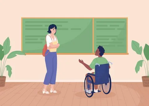 Disabled student with friend in classroom flat color vector illustration 스톡 일러스트