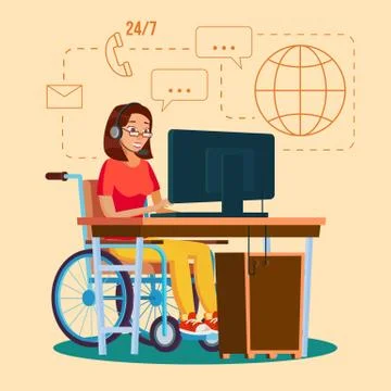 Disabled Woman Working Vector. Socialization Concept. Wheelchair With Person Stock Illustration