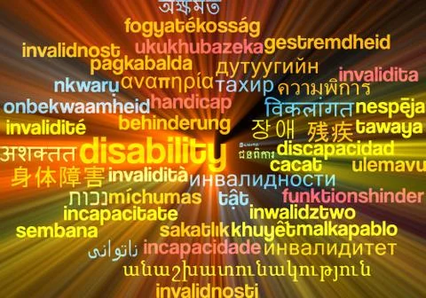 Disablity multilanguage wordcloud background concept glowing Illustrazione stock