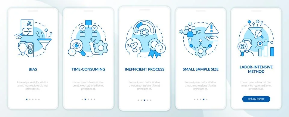 Disadvantages of case study blue onboarding mobile app screen Stock Illustration