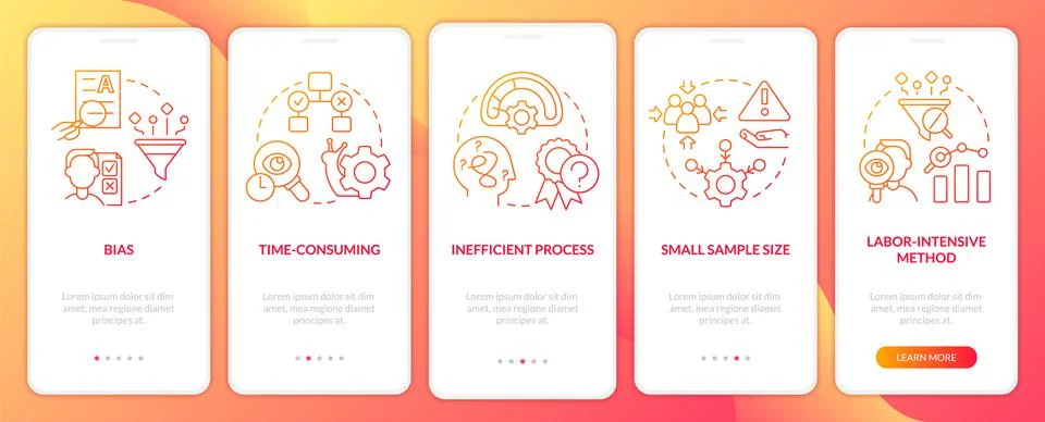 Disadvantages of case study red gradient onboarding mobile app screen Stock Illustration