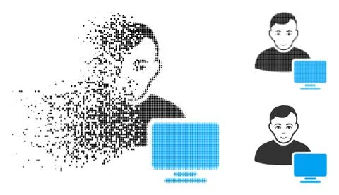 Disappearing Pixel Halftone Computer Administrator Icon with Face Illustrazione stock