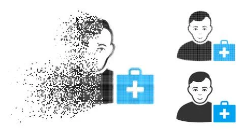 Disappearing Pixel Halftone First-Aid Man Icon with Face Illustrazione stock