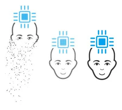 Disappearing Pixel Halftone Neural Computer Interface Icon with Face 스톡 일러스트