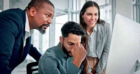 Disappointed, man and people with computer in office for bad news, financial Stock Footage 321445599