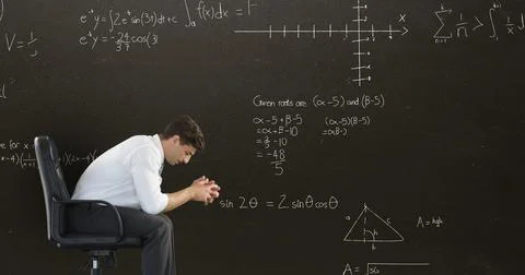 Disappointed man with math equations in dark background for back to school 4k Stock Photos