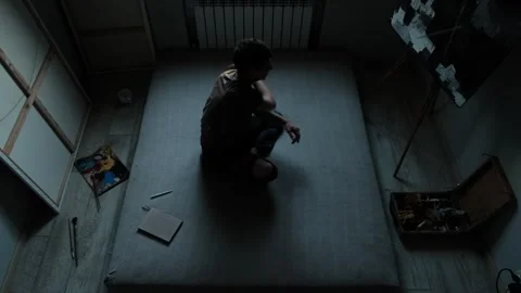 Disappointed painter alone in artistic space, poor and unhappy, lost in life. Stock Footage 312101284