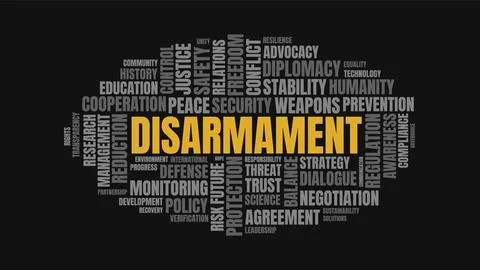 Disarmament Word Cloud with Peace Security and Diplomacy Typography on Blac.. Stockillustratie